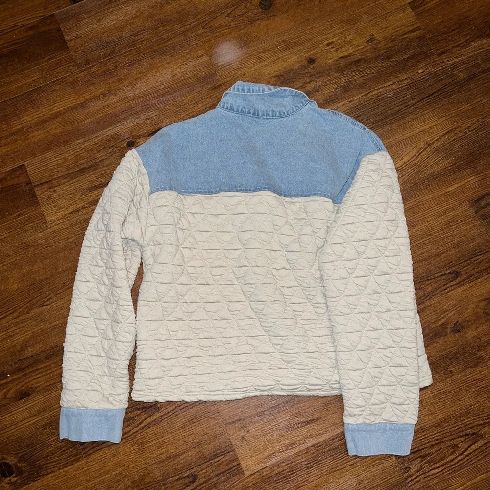 So Me Quilted Cream Button Up Light Blue Denim Trim Long Sleeve Jacket Size XL - Picture 7 of 12